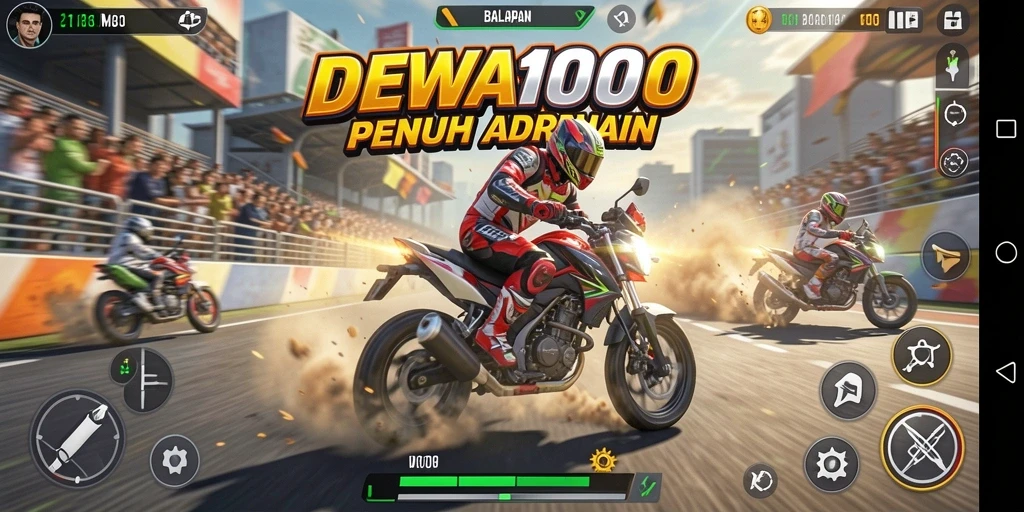 Screenshot utama DEWA1000 menampilkan aksi balapan motor yang mendebarkan.