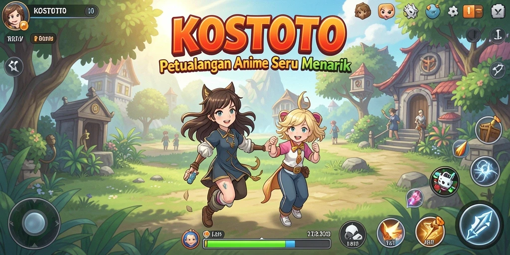 Tampilan gameplay KOSTOTO yang penuh aksi dan warna-warni.