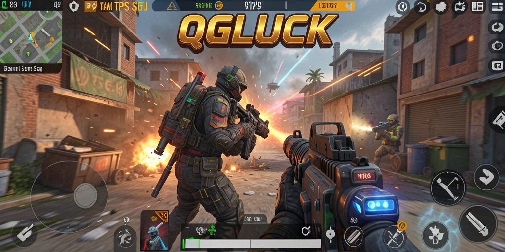 Tampilan gameplay seru QGLUCK yang penuh aksi TPS.