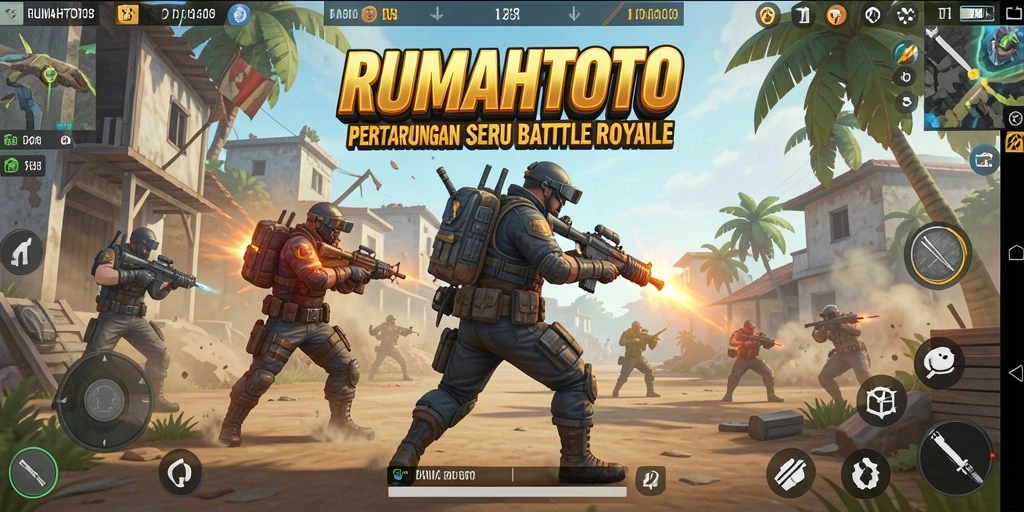 Screenshot RUMAHTOTO menampilkan aksi Battle Royale yang intens.